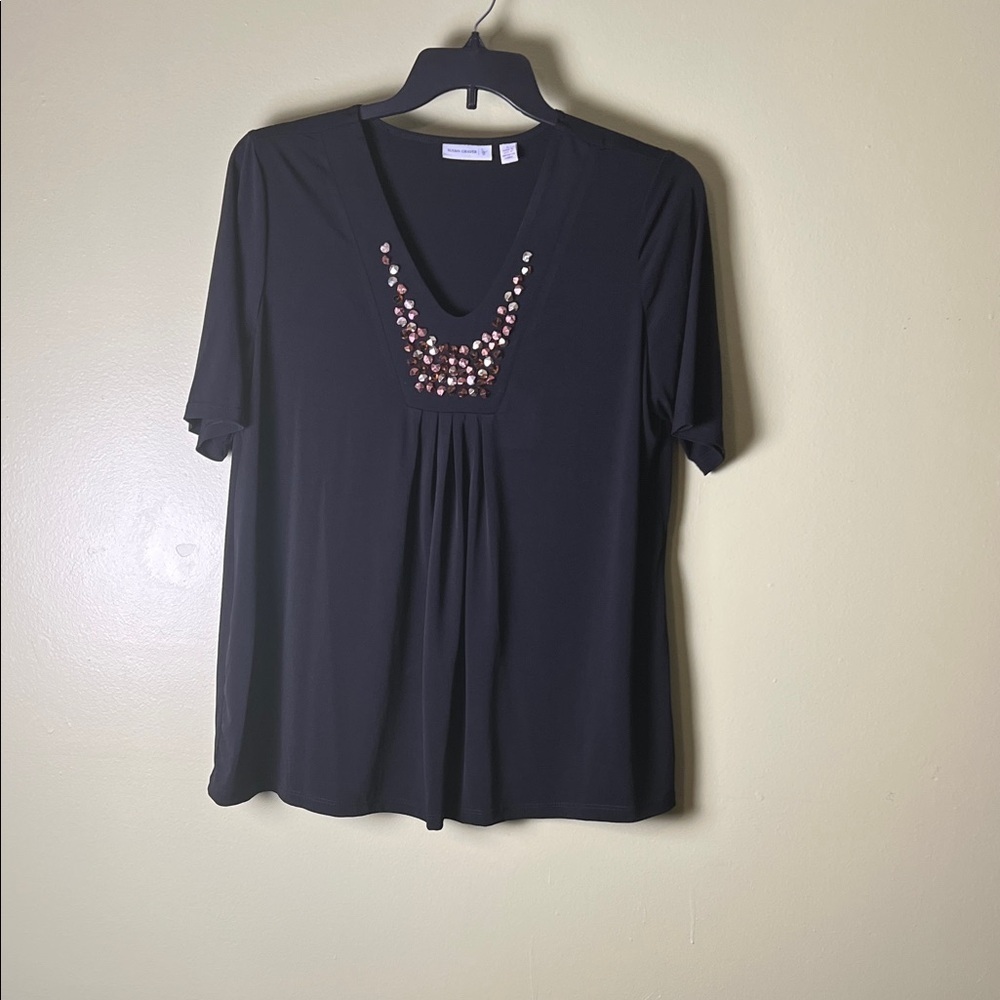 Susan Graver Black Top with Beaded Neckline